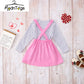 Modntoga Toddler Baby Girl Valentine'S Day Outfit Long Sleeve Dot Heart Shirt Top+Suspender Strap Red Skirts Set(18M-7Y) (Pink,