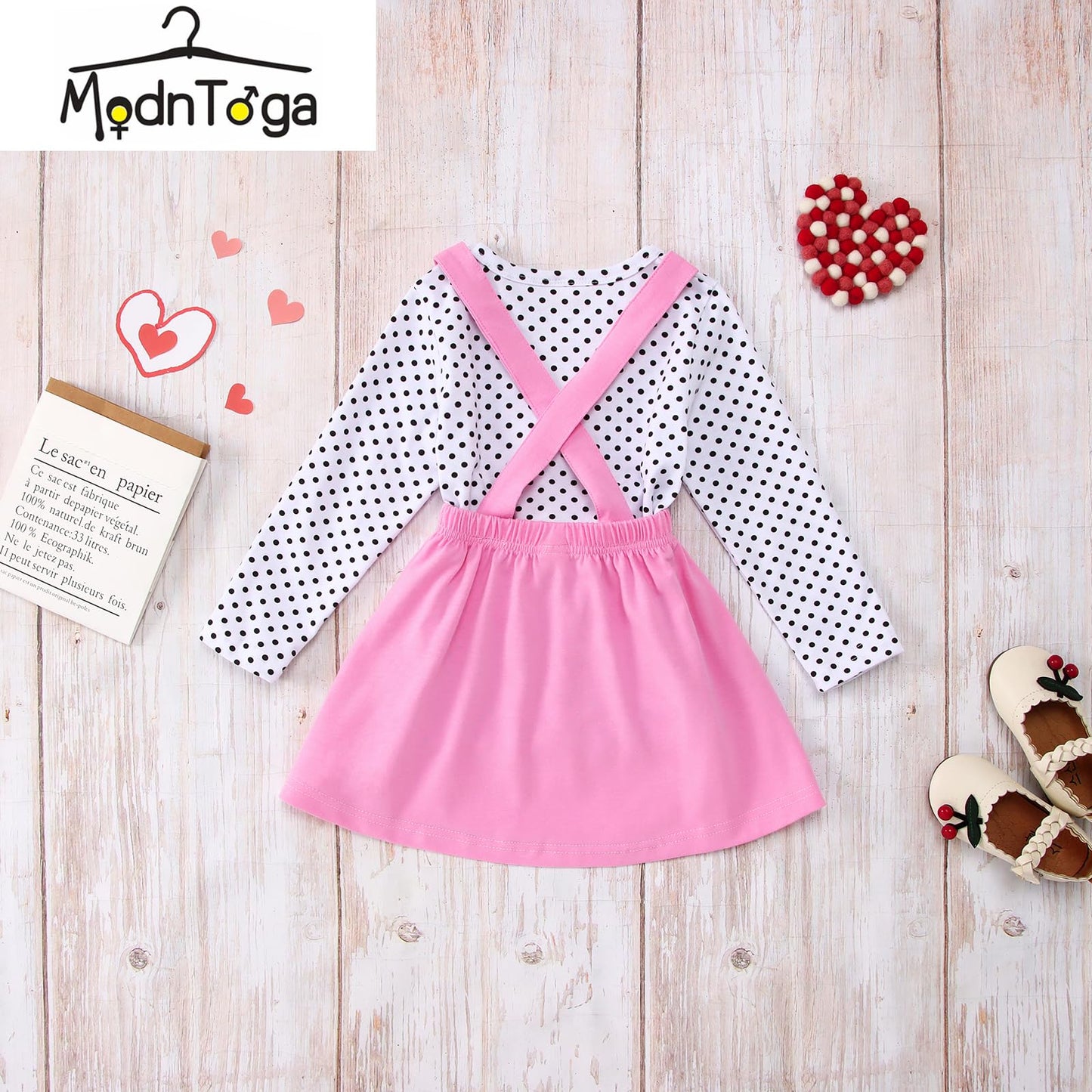 Modntoga Toddler Baby Girl Valentine'S Day Outfit Long Sleeve Dot Heart Shirt Top+Suspender Strap Red Skirts Set(18M-7Y) (Pink,