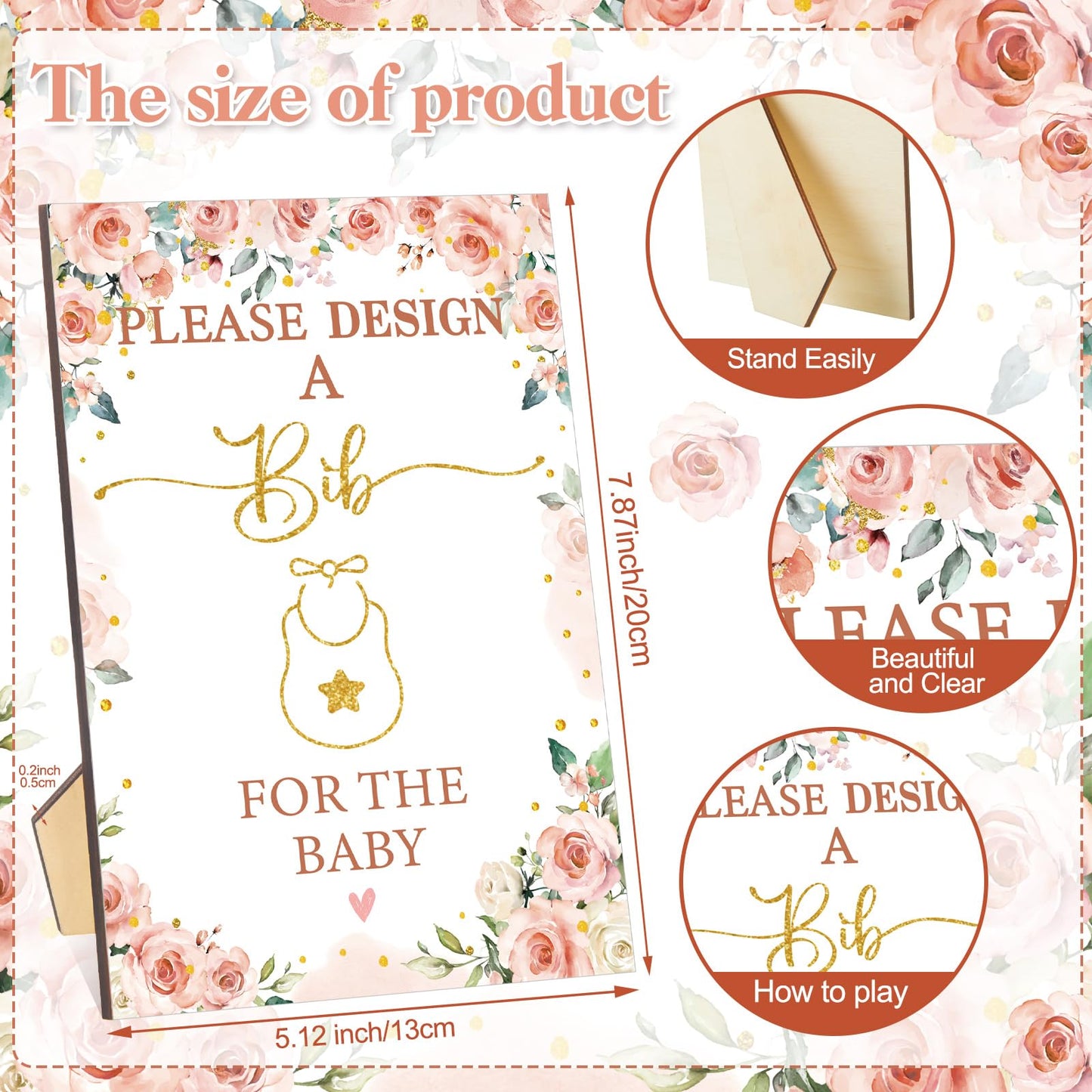 Panitay 100 Pcs Diy Baby Bibs Decorating Kit 50 White Bibs 25 Stencils 24 Fabric Markers 1 Baby Shower Game Sign(Flower)