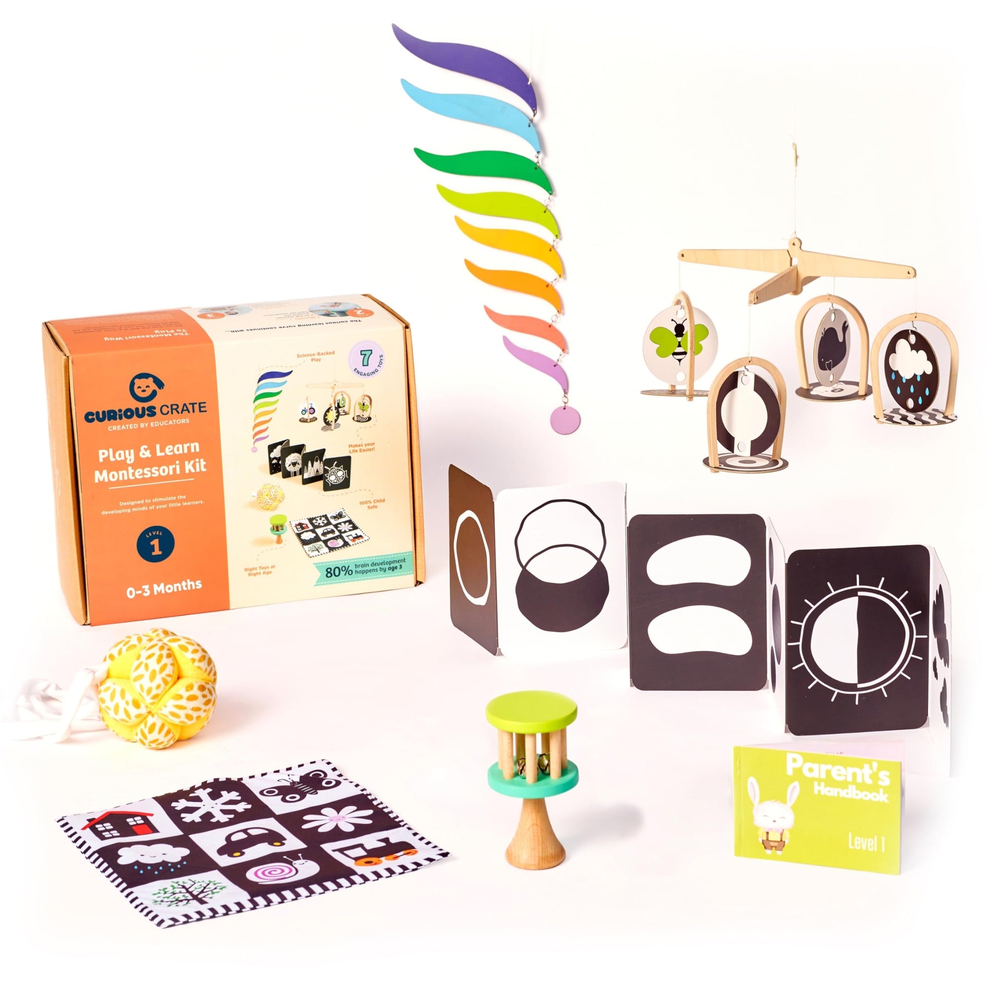 CURIOUS CRATE Montessori Toys Box for Newborns | 6 in 1 Sensory & Developmental Toys - Black & White Mobile, High Contrast Cards