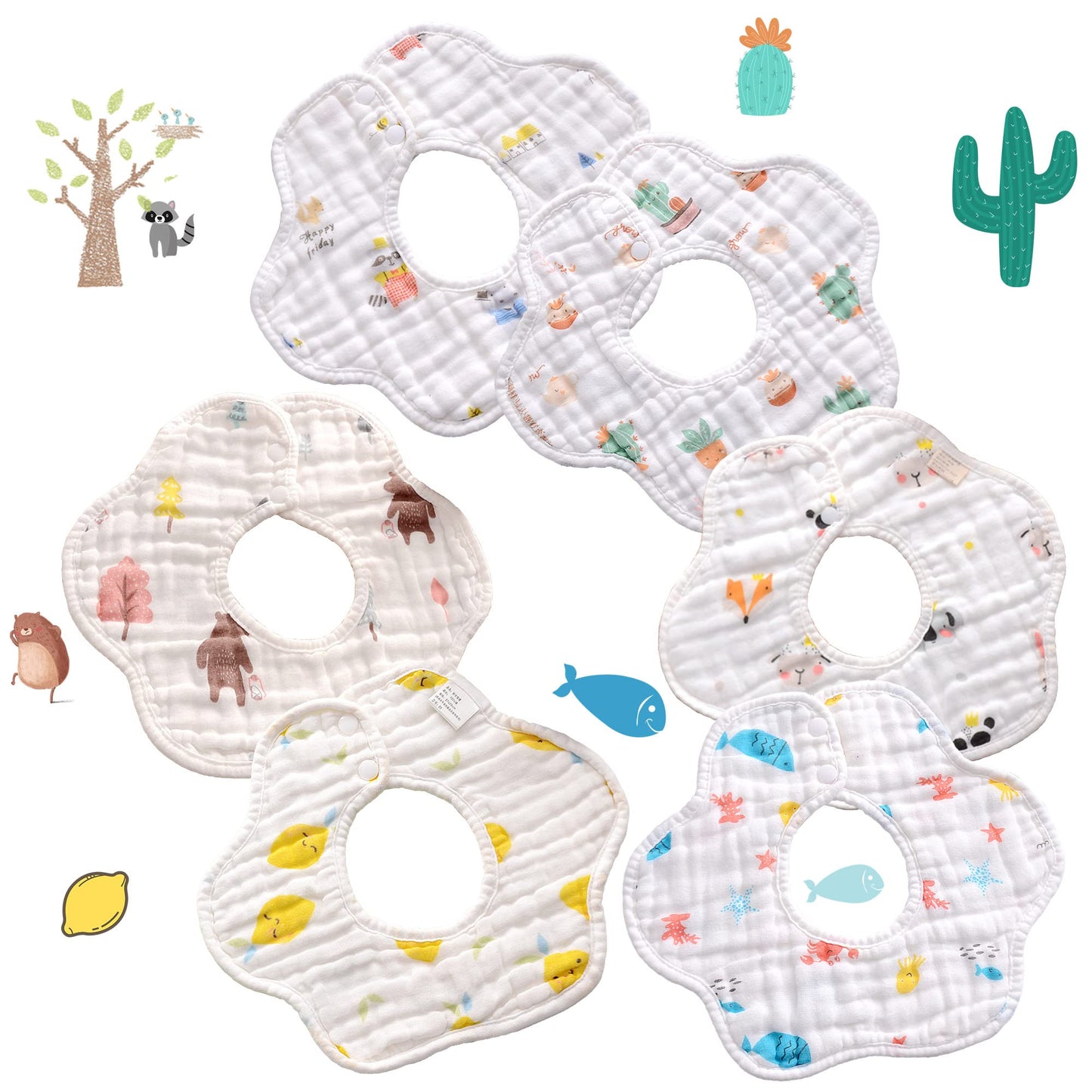 Merlinae Muslin Bibs, 6Pc Baby Bandana Newborn Drool Bibs For Teething And Drooling 360 Rotate