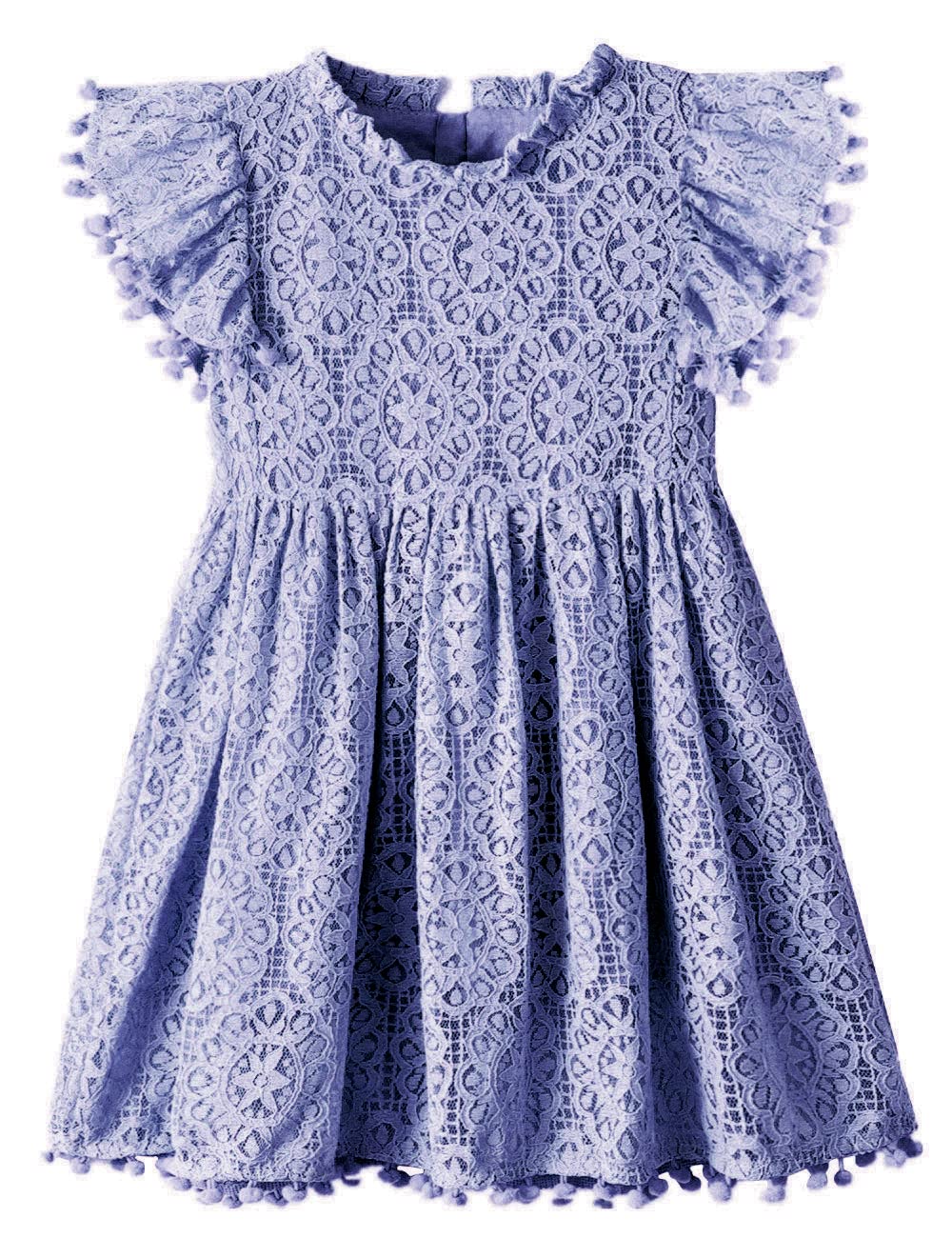 2Bunnies Girl Baby Toddler Vintage Lace Pom Pom Flutter Sleeve Easter Birthday Outfit Dress (Dusty Blue, 6M)