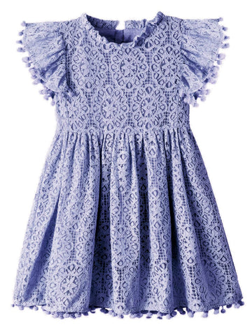 2Bunnies Girl Baby Toddler Vintage Lace Pom Pom Flutter Sleeve Easter Birthday Outfit Dress (Dusty Blue, 6M)