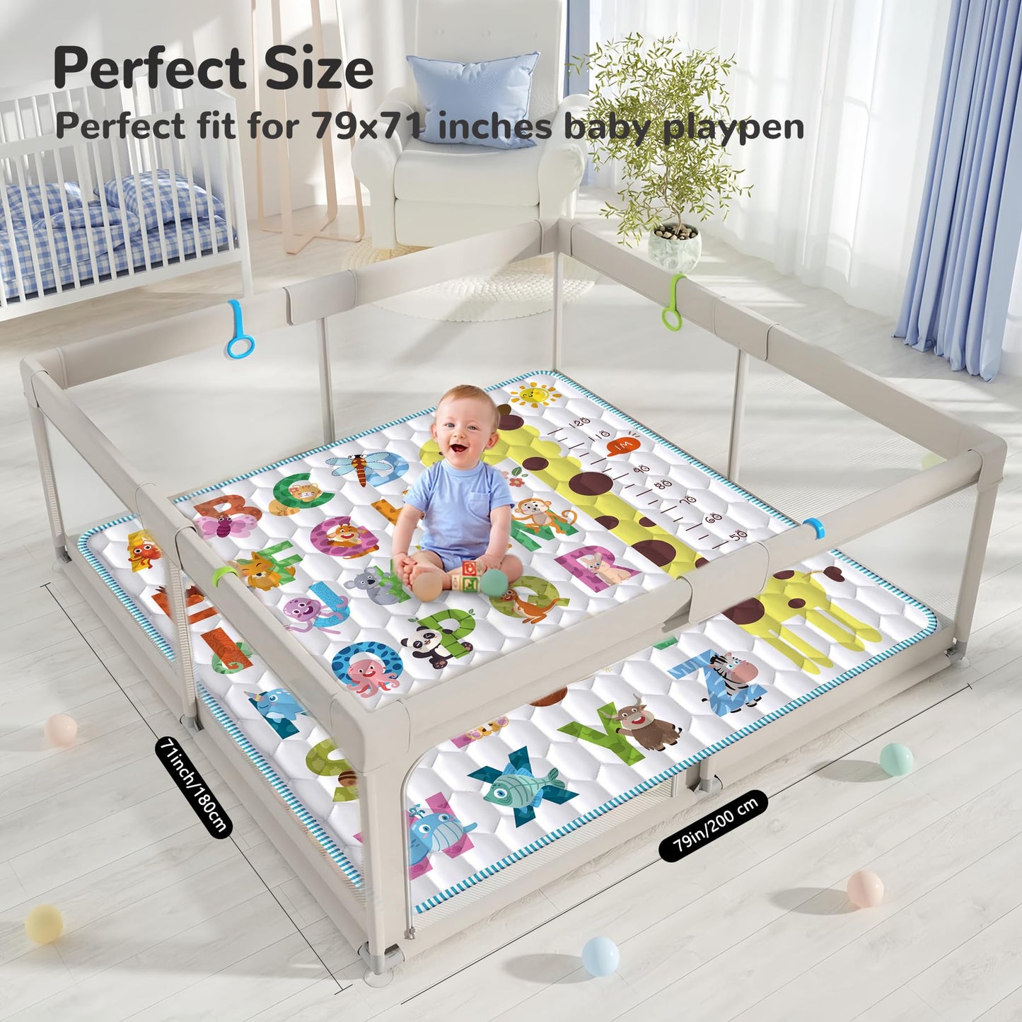 Baby Play Mat For Floor, 79X71 Extra Large Playpen With Giraffe Height Gauge, Non-Slip One-Piece Thick Crawling Mat For Babies A