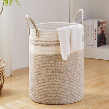 Large Laundry Hamper, Tall Woven Storage Basket for Blankets, Cotton Baby Nursery Hamper, Toys and Dirty Clothes in Bedroom and 