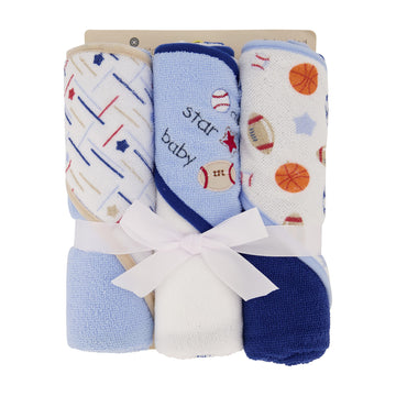Cudlie Buttons & Stitches Baby Boy 3 Pack Rolled/Carded Hooded Towels In All Star Baby Print (Gs71720),3 Count (Pack Of 1)