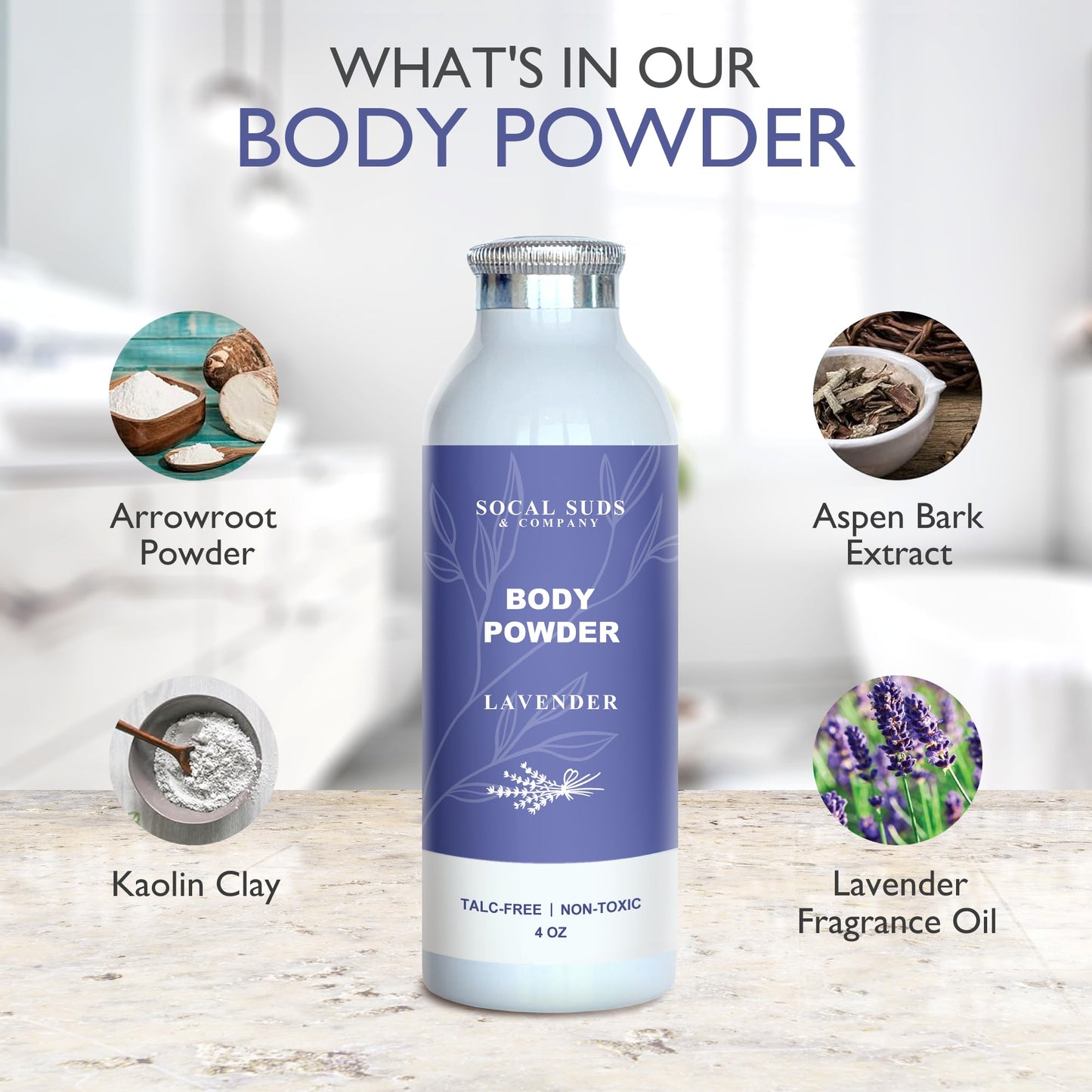 Socal Suds & Company - Natural & Organic Body Powder Talc-Free With Arrowroot Powder, Kaolin, Aspen Bark Extract For Soft Soothi