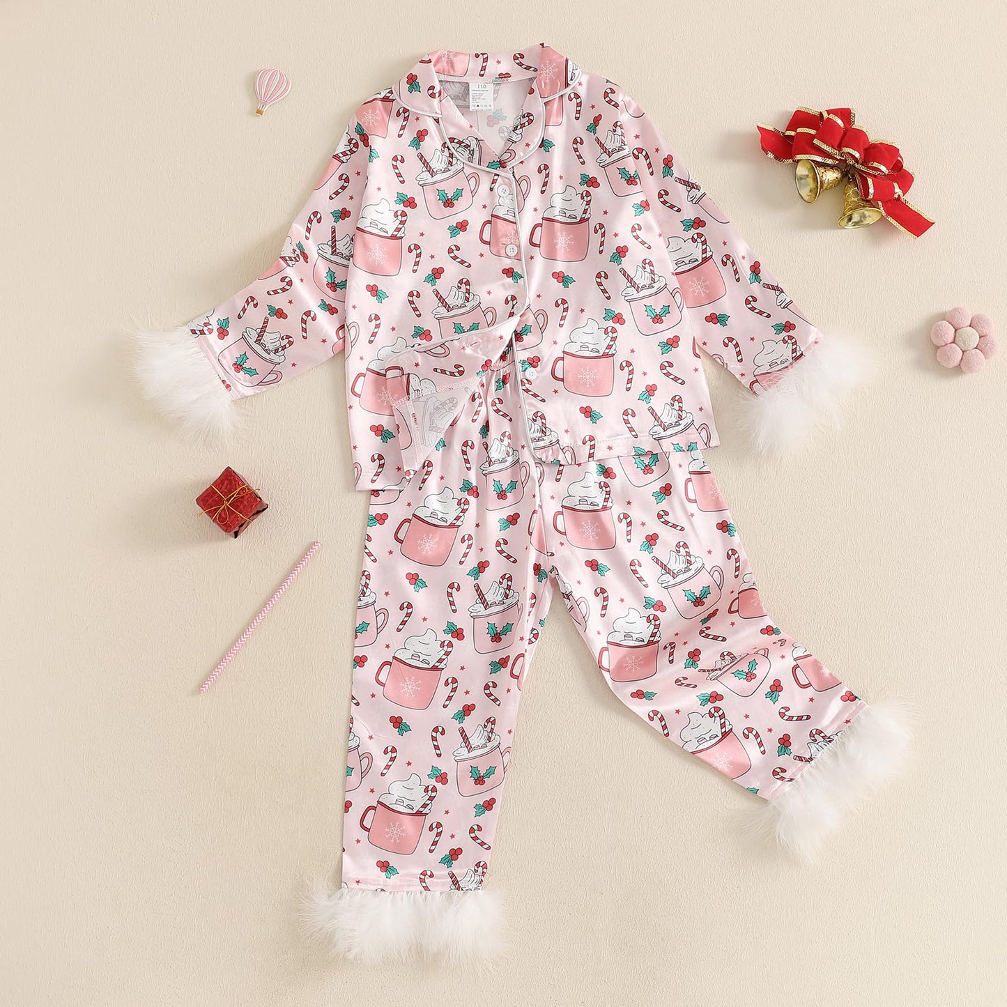 Fsadfeas Kids Girls Christmas Valentines Pajamas Cute Print Button Down Tops + Pants Toddler Satin Sleepwear Silk Pajama Set(Pin