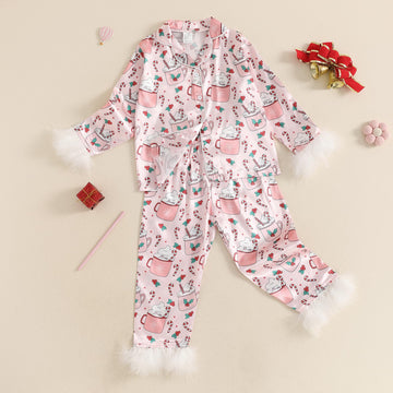 Fsadfeas Kids Girls Christmas Valentines Pajamas Cute Print Button Down Tops + Pants Toddler Satin Sleepwear Silk Pajama Set(Pin