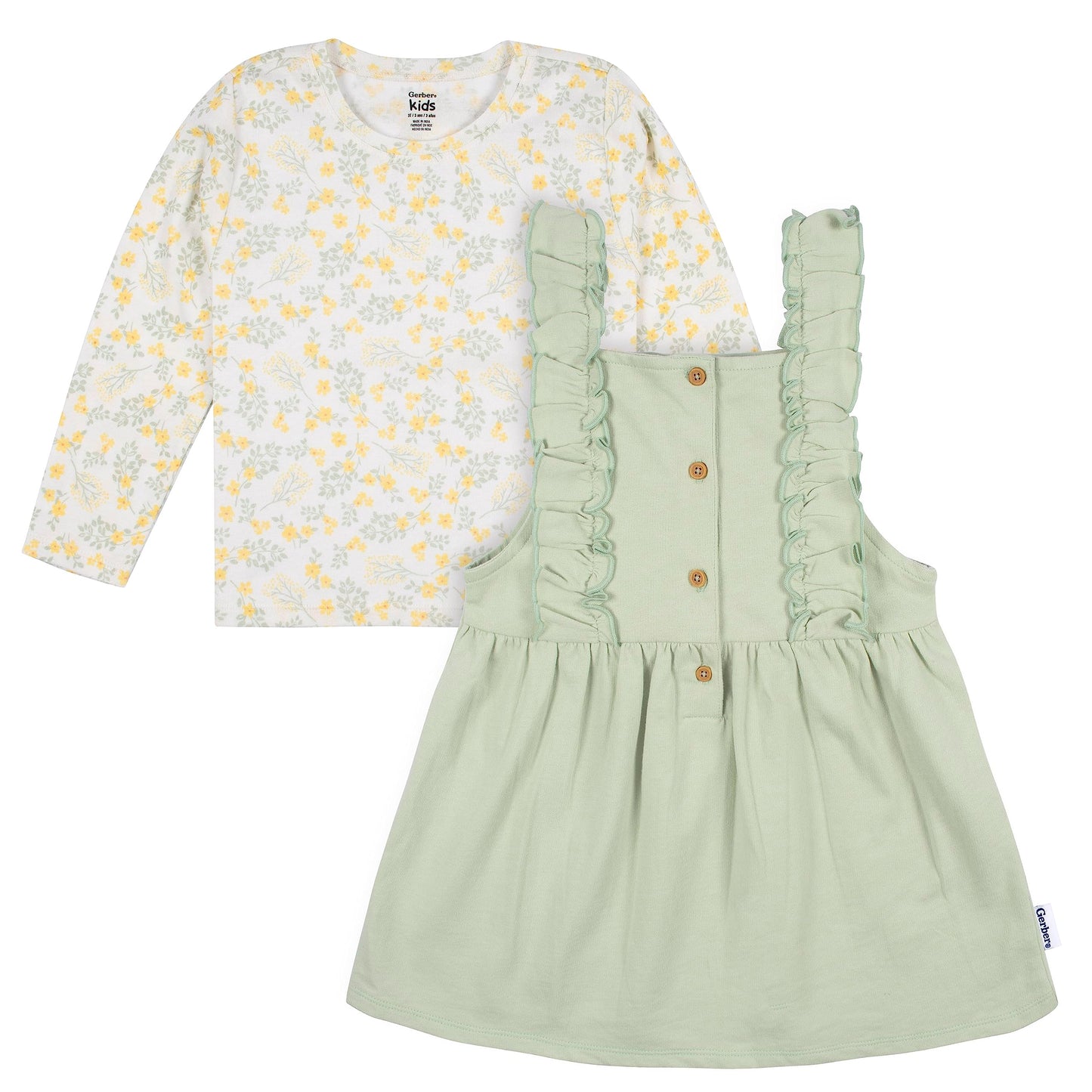 Gerber Baby Girls Toddler 2 Piece Overall Dress Set, Green Floral, 12 Months