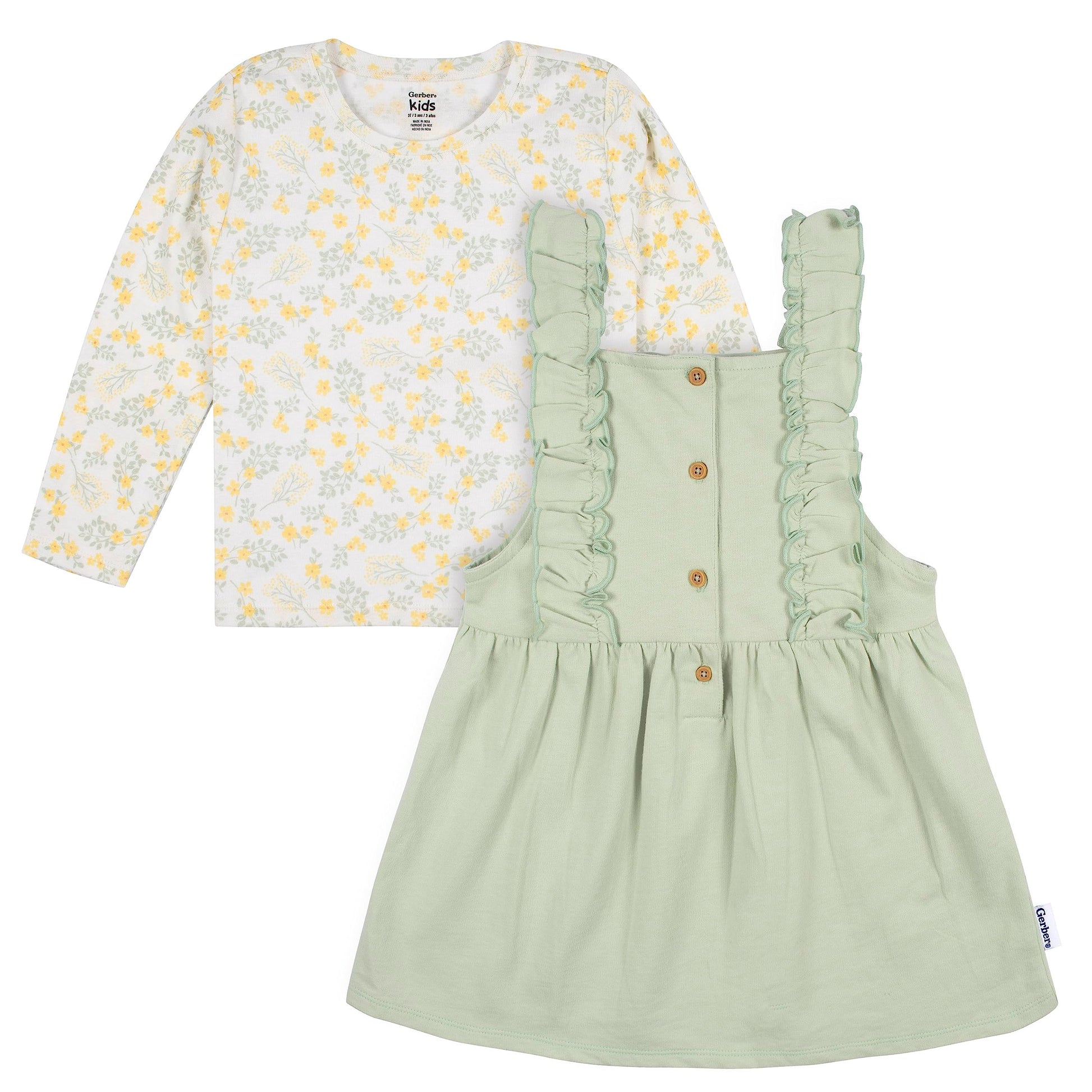 Gerber Baby Girls Toddler 2 Piece Overall Dress Set, Green Floral, 12 Months