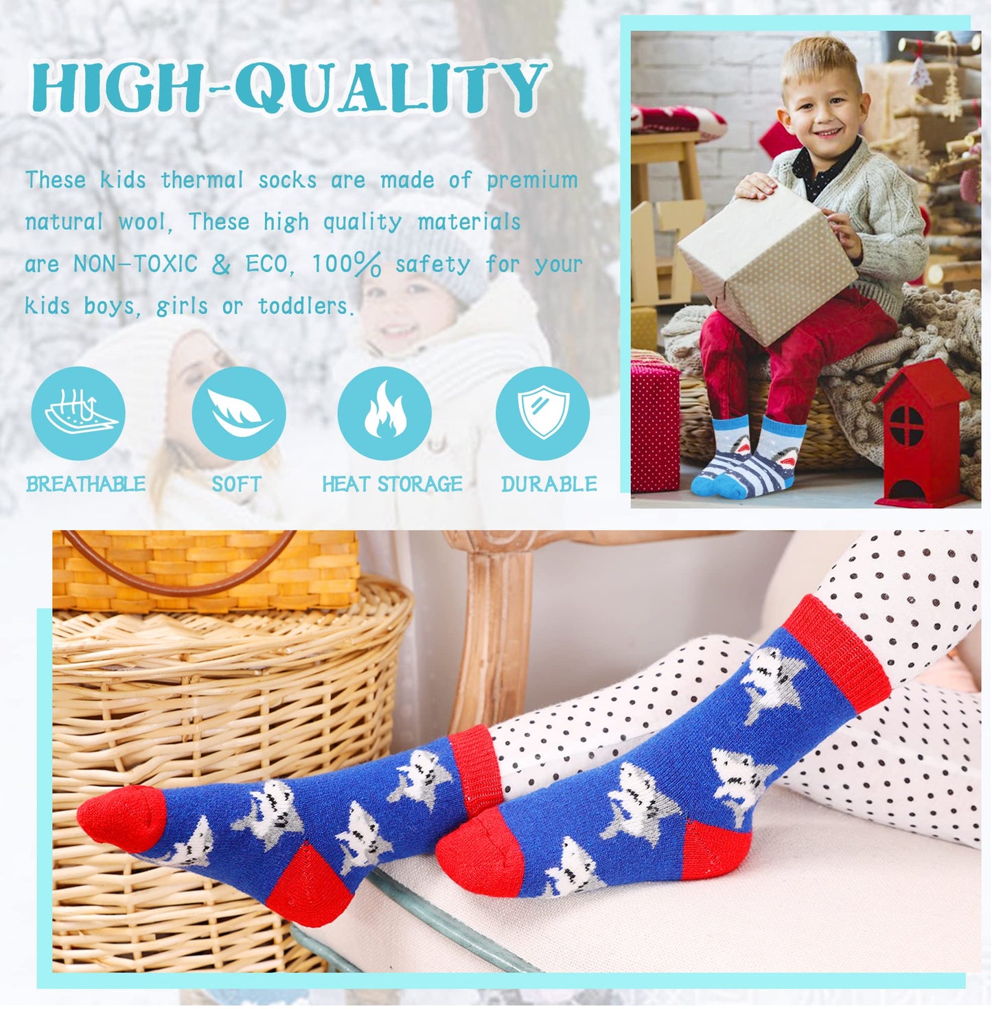 Eocom 6 Pairs Children'S Winter Warm Wool Animal Crew Socks Kids Boys Girls Socks (Shark, 1-3T)