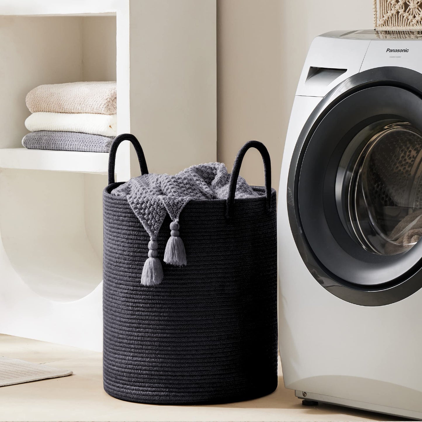 Youdenova Woven Rope Laundry Hamper Basket, 58L Tall Laundry Basket, Baby Nursery Hamper For Blanket Storage In Bedroom-Large- B