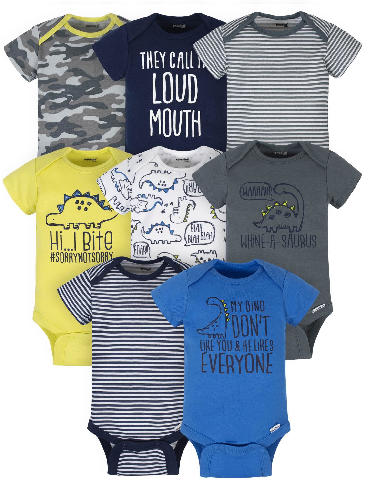 Onesies Brand Baby Boys' 8-Pack Short Sleeve Mix & Match Bodysuits, Grey Dino, Newborn
