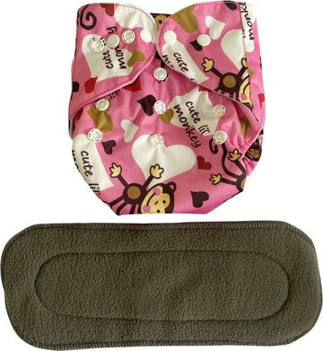 Kogar Reusable Adjustable Washable Monkey Printed Cloth Button Diaper Nappy For Baby New Born To 2 Year (1 Diaper+1 Insert)