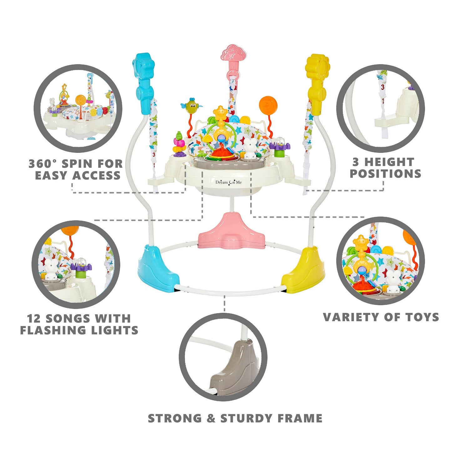 Dream On Me Zany 2-In-1 Baby Activity Center And Bouncer In Elephant Print, Sturdy And Strong Frame, 3 Height Positions, 360 Rot