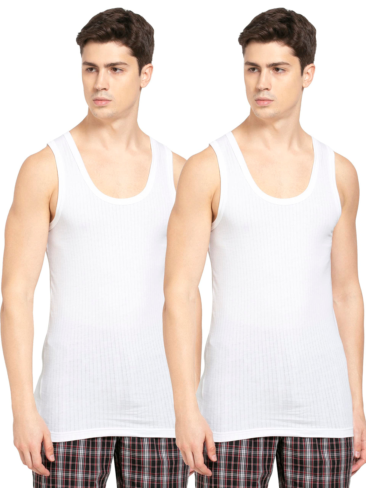 Jockey 8816 Mens Super Combed Cotton Round Neck Sleeveless Vest with Extended Length for Easy Tuck (Pack of 2)_White_100