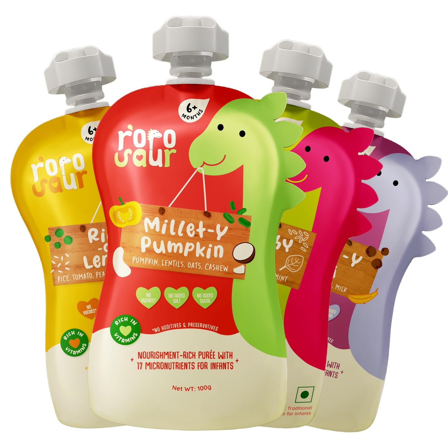Rorosaur Baby Food Puree Pouch Combo For 6+ Months | Ready To Eat Grain Based Porridge Made With Rice, Millets & Dals | Easy To 
