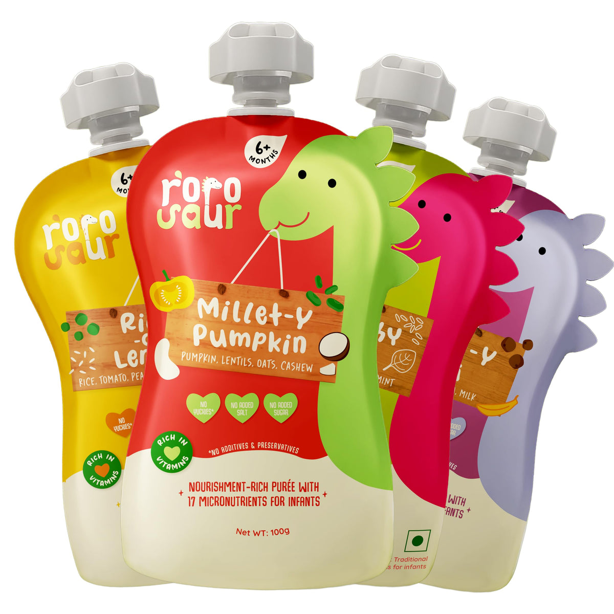 Rorosaur Baby Food Puree Pouch Combo For 6+ Months | Ready To Eat Grain Based Porridge Made With Rice, Millets & Dals | Easy To 