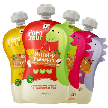 Rorosaur Baby Food Puree Pouch Combo For 6+ Months | Ready To Eat Grain Based Porridge Made With Rice, Millets & Dals | Easy To 