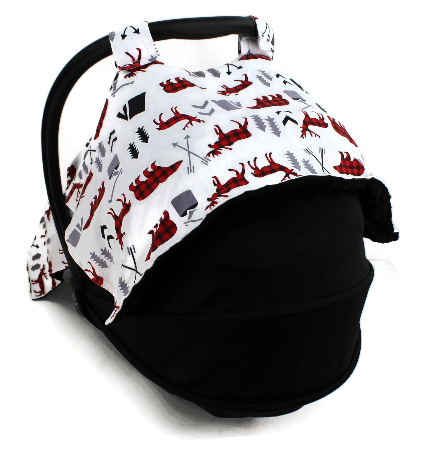 Dear Baby Gear Car Seat Canopy, Woodland Adventure Bear Moose Plaid, Minky Black