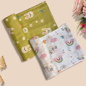Tinitot Muslin Baby Swaddle Wrap, Bunny and Unicorn Print, 100% Cotton, 100x100 cm, Pack of 2, for Newborns 018 Months