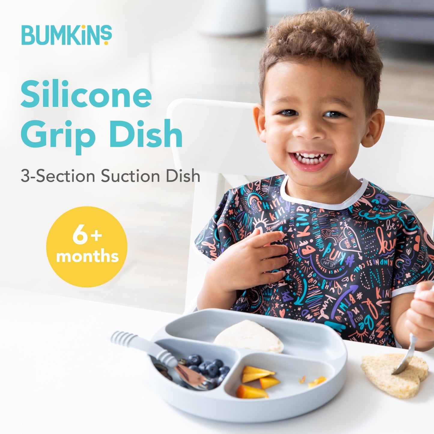 Bumkins Toddler and Baby Suction Plate, Divided Grip Dish for Babies and Kids, Baby Led Weaning, Feeding Supplies, Sticks to Tab