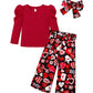 Migu Girls Valentines Day Outfit Size 6-7 Valentines Outfit Girl Red Puffy Sleeve Top Love Pattern Pants Headbands 3Pcs