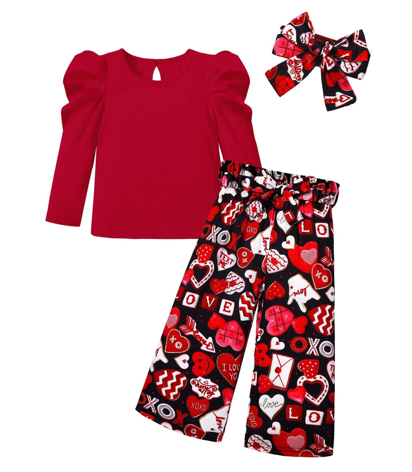 Migu Girls Valentines Day Outfit Size 6-7 Valentines Outfit Girl Red Puffy Sleeve Top Love Pattern Pants Headbands 3Pcs