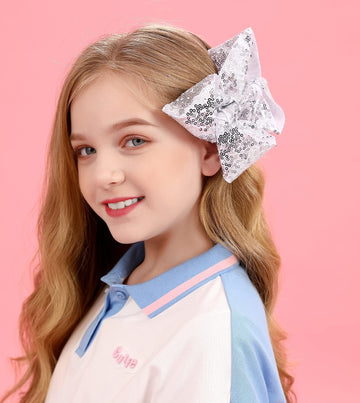 Amydecor 6 Inch Silver Sparkly Glitter Sequin Hair Bows For Girls Toddlers Kids Children Teenage (2Pcs)