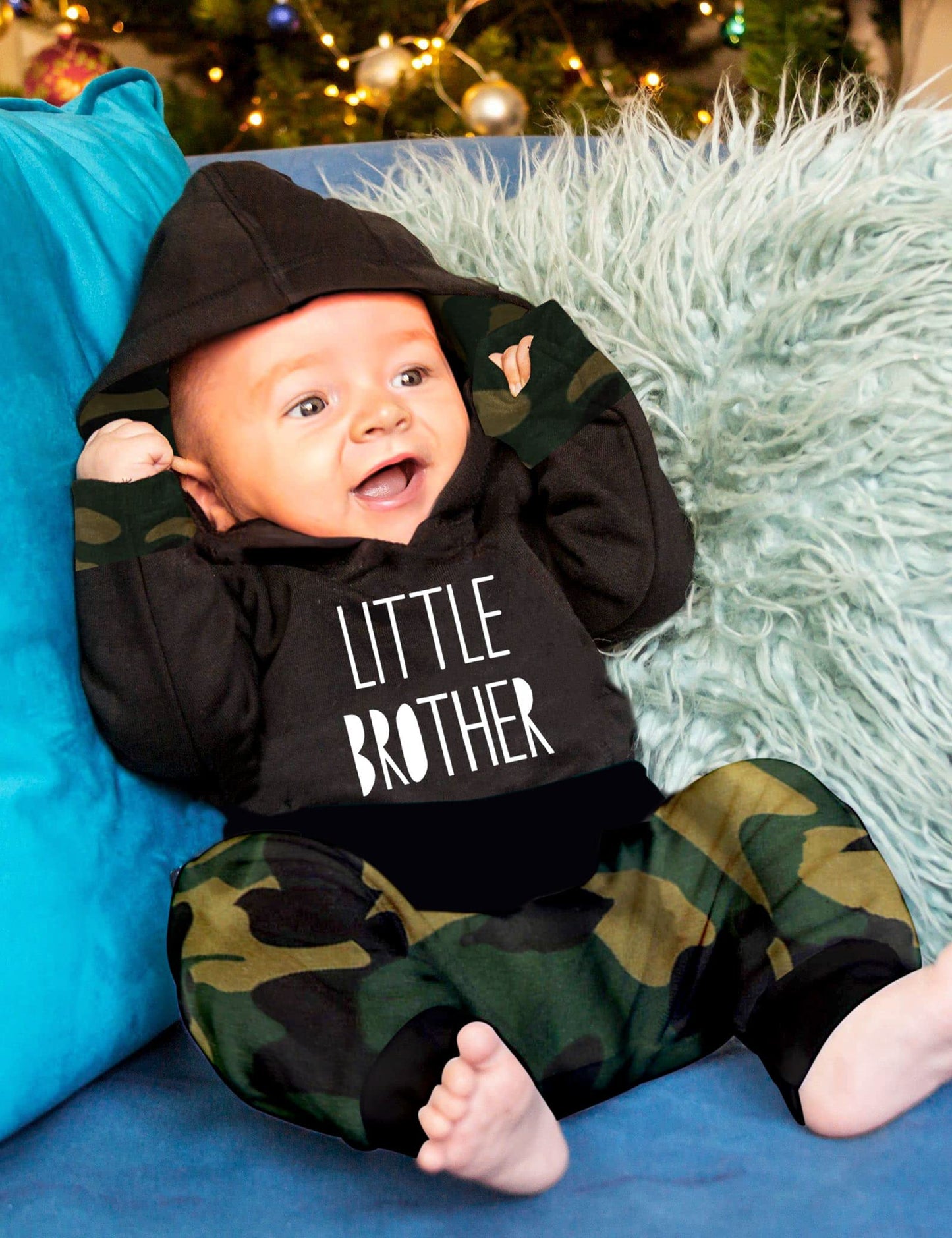 Fommy Baby Boy Clothes 9-12 Months Boy Outfit Little Brother Print Hoodies+Camouflage Pants 2Pcs Set
