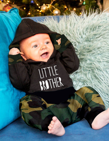Fommy Baby Boy Clothes 9-12 Months Boy Outfit Little Brother Print Hoodies+Camouflage Pants 2Pcs Set
