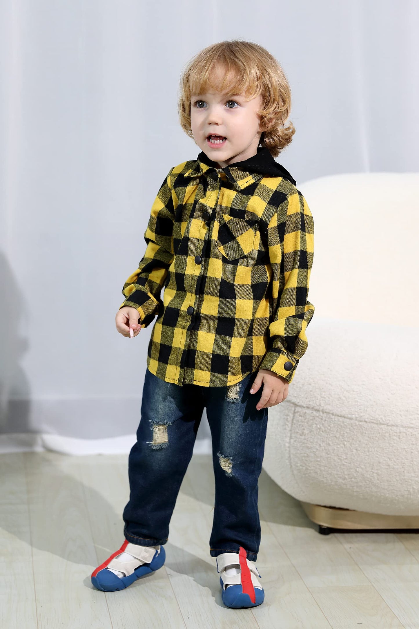 Younger Star Toddler Kidsbaby Boys Hooded Plaid Shirt Classical Shirt Hooded Jacket Fall Winter Clothes (Yellow, 18-24 Months)