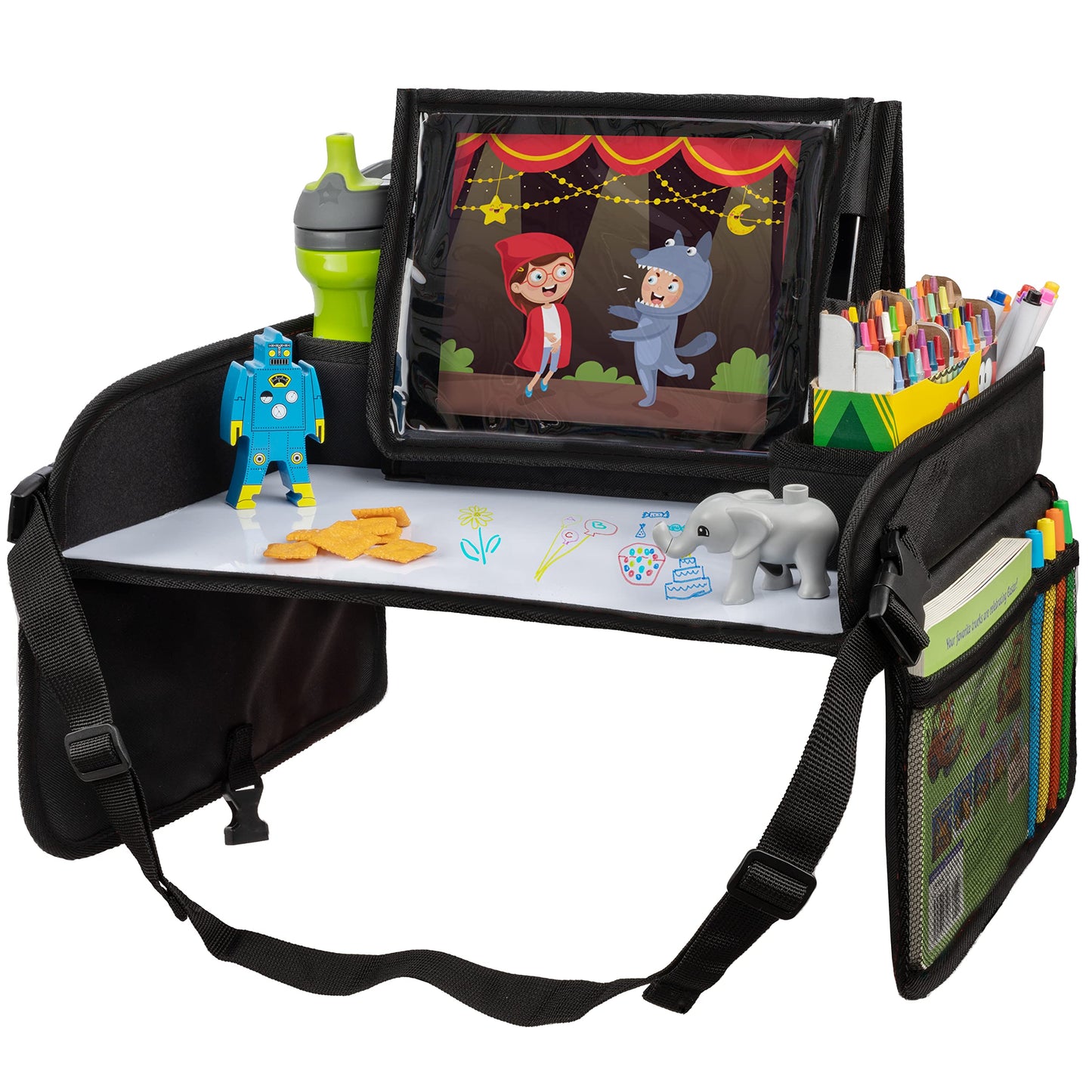Lusso Gear Car Seat Tray - 1-Pack Black - 600D Oxford Lap Desk Organizer & Tablet Stand with Dry-Erase Surface, Snack & Cup Hold