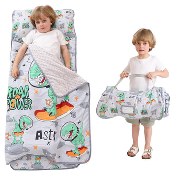 Viviland Toddler Kid Nap Mat for Preschool, Grey Dinosaur Slumber Bag, Daycare Sleeping Bag with Pillow and Blanket, Kindergarte