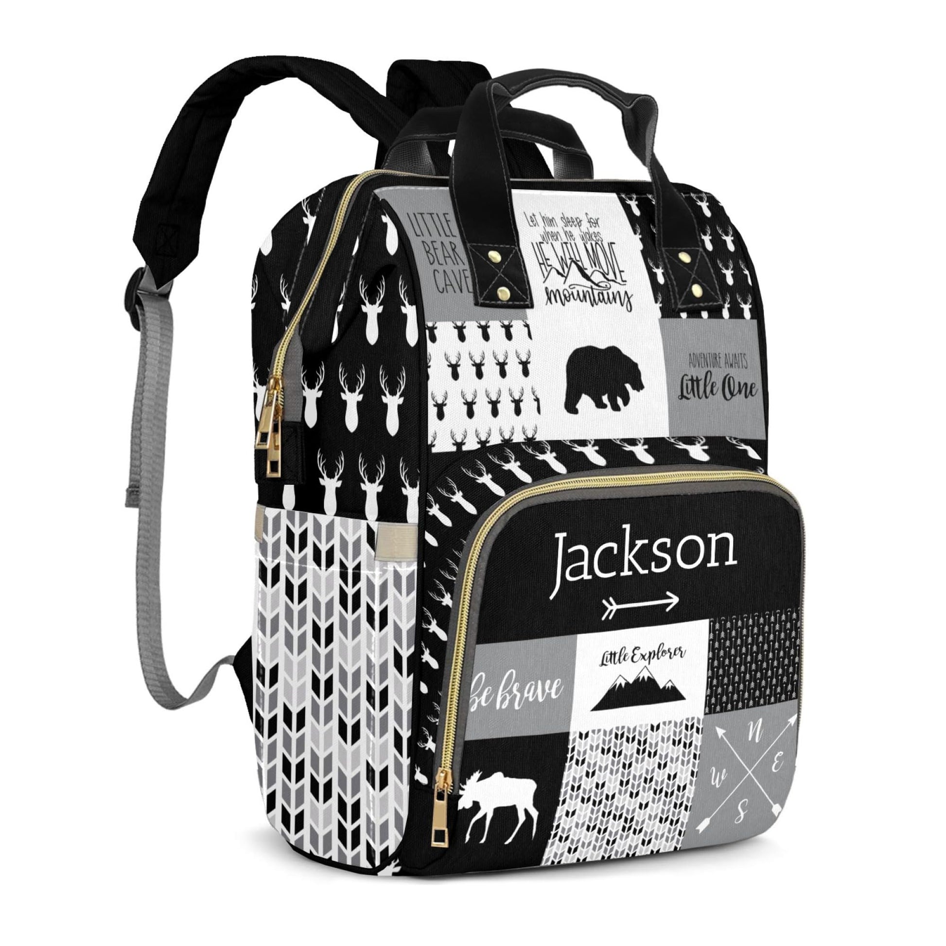 Perarts Large Capacity Custom Diaper Bag for Baby Boys with Name, Black Woodland Bear Multifunctional Mom Personalized Diaper Ba