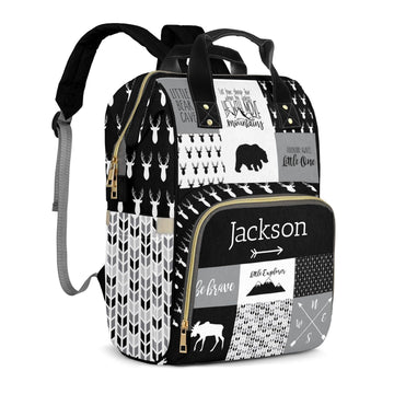 Perarts Large Capacity Custom Diaper Bag for Baby Boys with Name, Black Woodland Bear Multifunctional Mom Personalized Diaper Ba