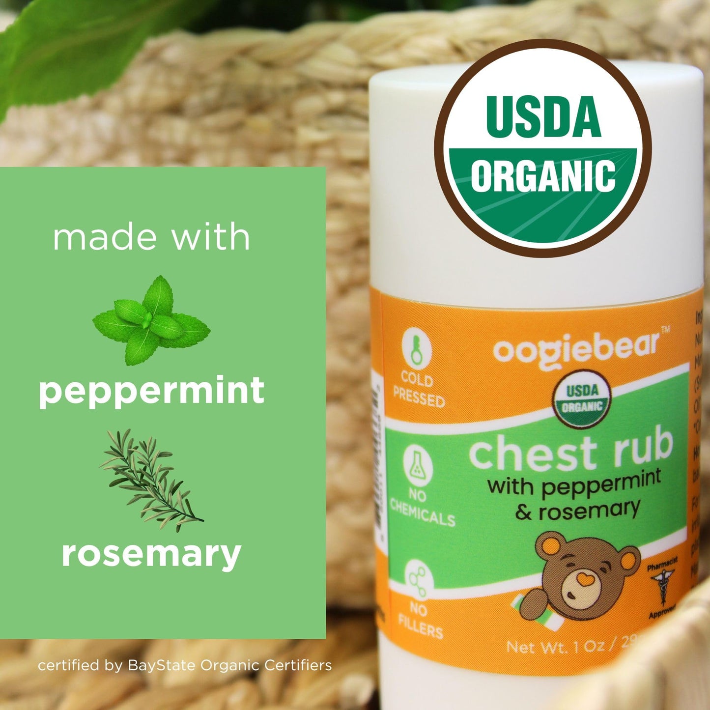 Oogiebear Kids Chest Rub, Usda Organic Soothing Peppermint & Rosemary For Breathing Relief And Comfort, Petroleum Free, 1.0 Oz B