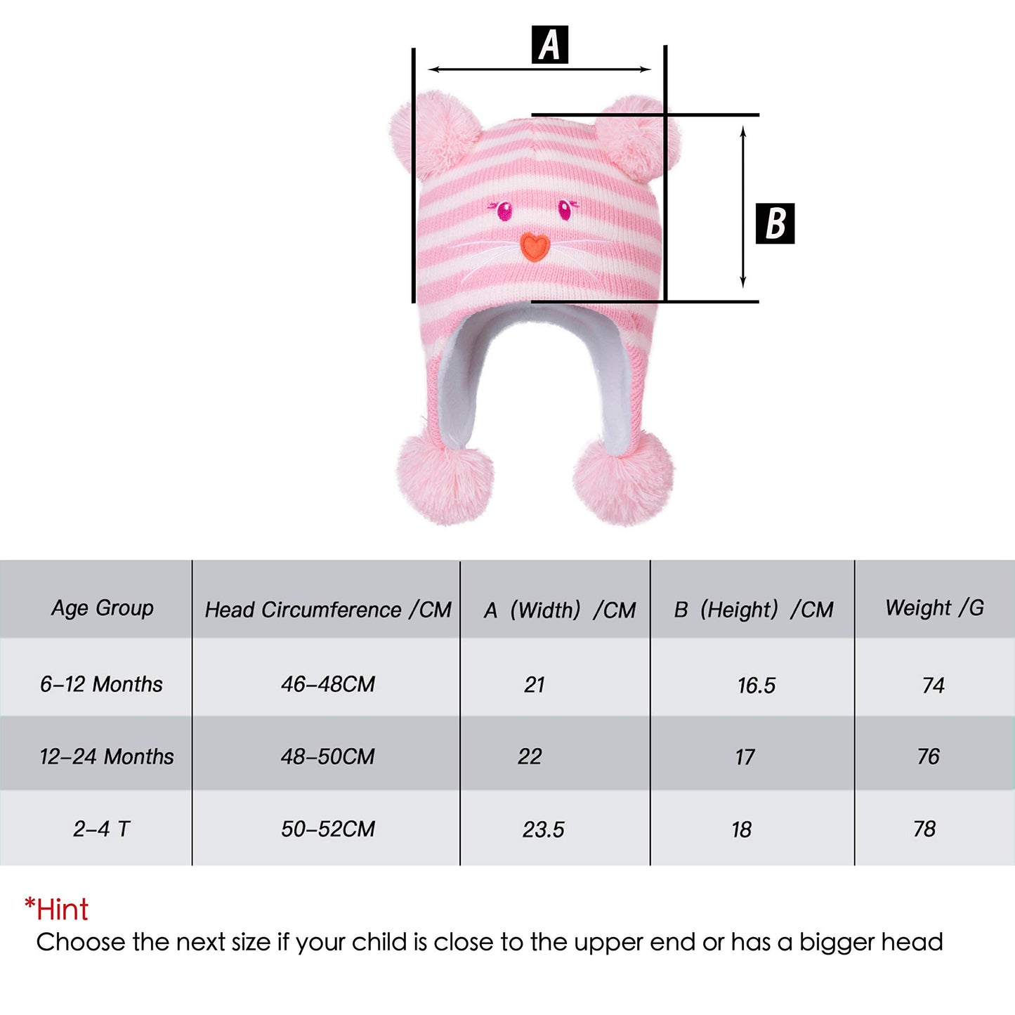 Langzhen Toddler Kids Infant Winter Hat,Earflap Knit Warm Cap Fleece Lined Beanie For Baby Boys Girls (Bear -Pink Stripe, 2-4 T)