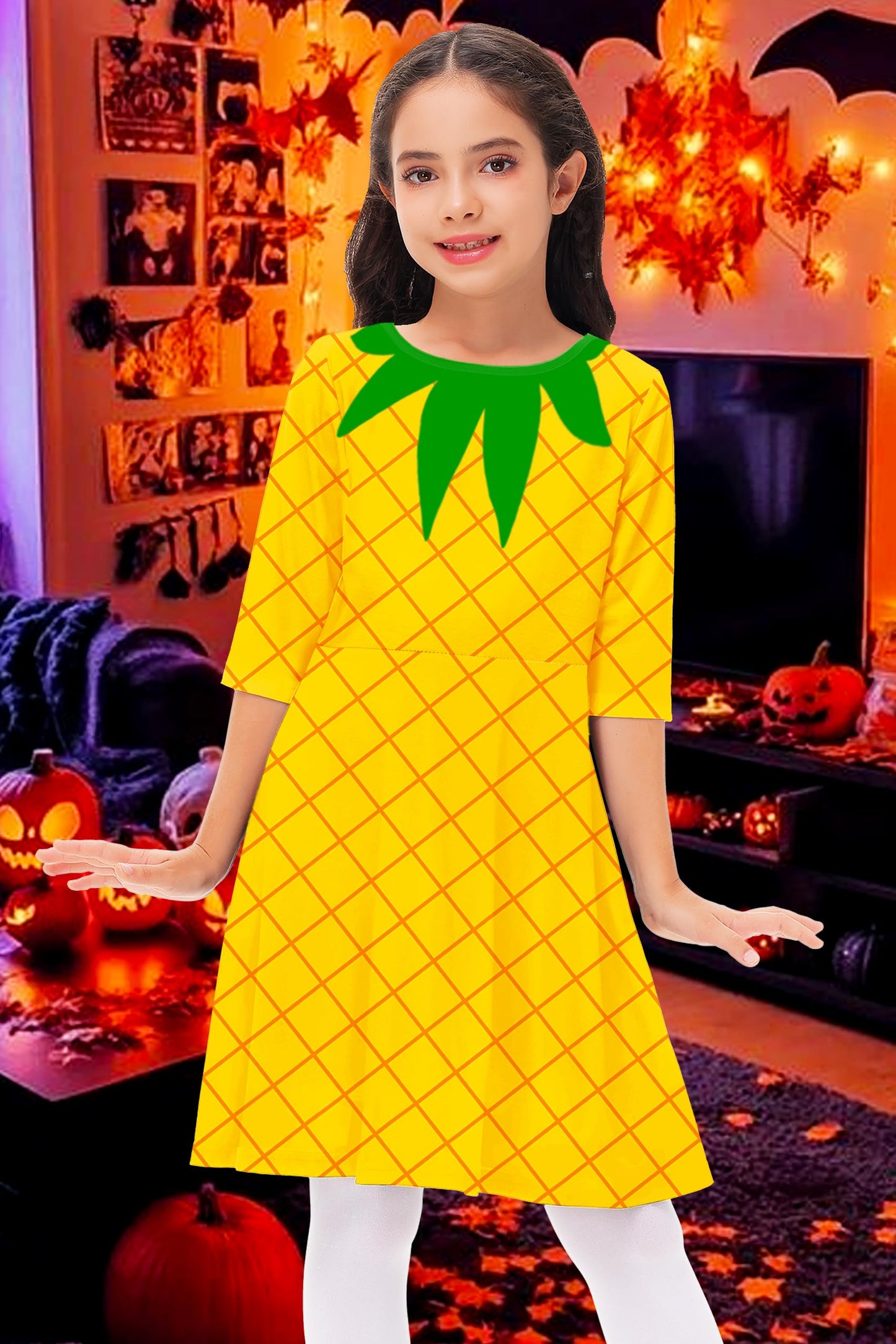 Remimi Girls Pineapple Dresses Halloween Fruit Dress Printed A-Line Party Dress 13-14 Years