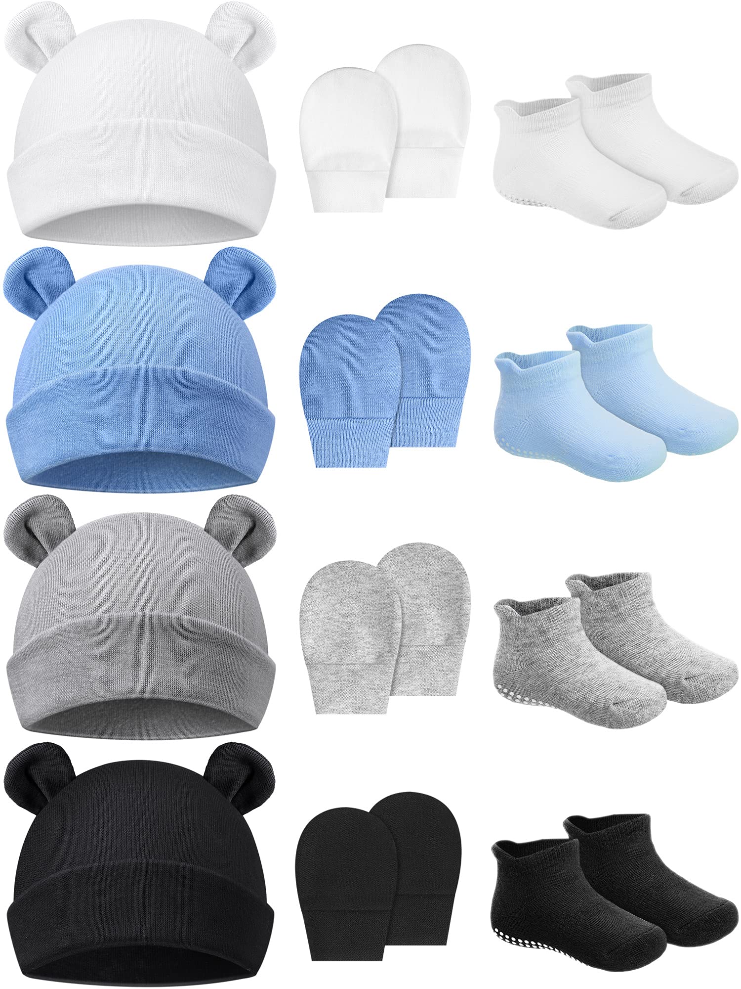 Baby Ears Newborn Hats Mittens And Socks Set For Boys Girls Beanie Hat 0-6 Month (White, Black, Gray, Light Blue,4 Set)