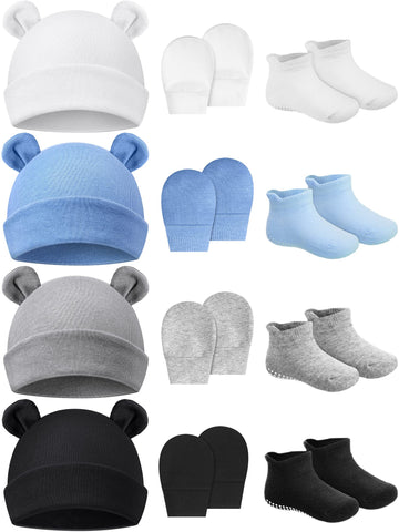 Baby Ears Newborn Hats Mittens And Socks Set For Boys Girls Beanie Hat 0-6 Month (White, Black, Gray, Light Blue,4 Set)