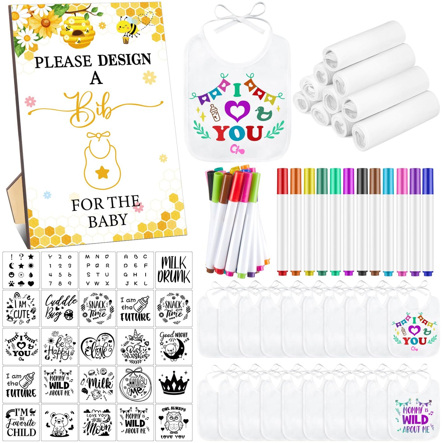 Panitay 100 Pcs Diy Baby Bibs Decorating Kit 50 White Bibs 25 Stencils 24 Fabric Markers 1 Baby Shower Game Sign(Bee)