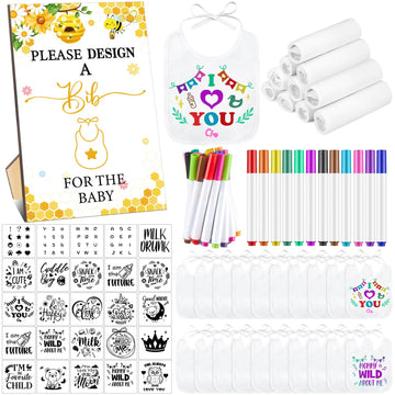 Panitay 100 Pcs Diy Baby Bibs Decorating Kit 50 White Bibs 25 Stencils 24 Fabric Markers 1 Baby Shower Game Sign(Bee)