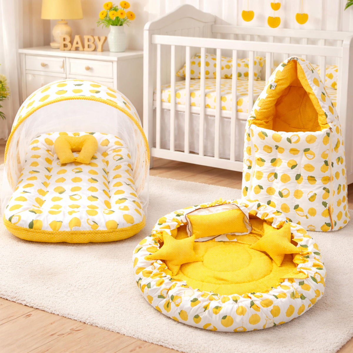 Infantbond Cotton Sleeping Essential Reversible Nest Mattress With Net Carry Bag For Baby (06 Months, Lemon Yellow)