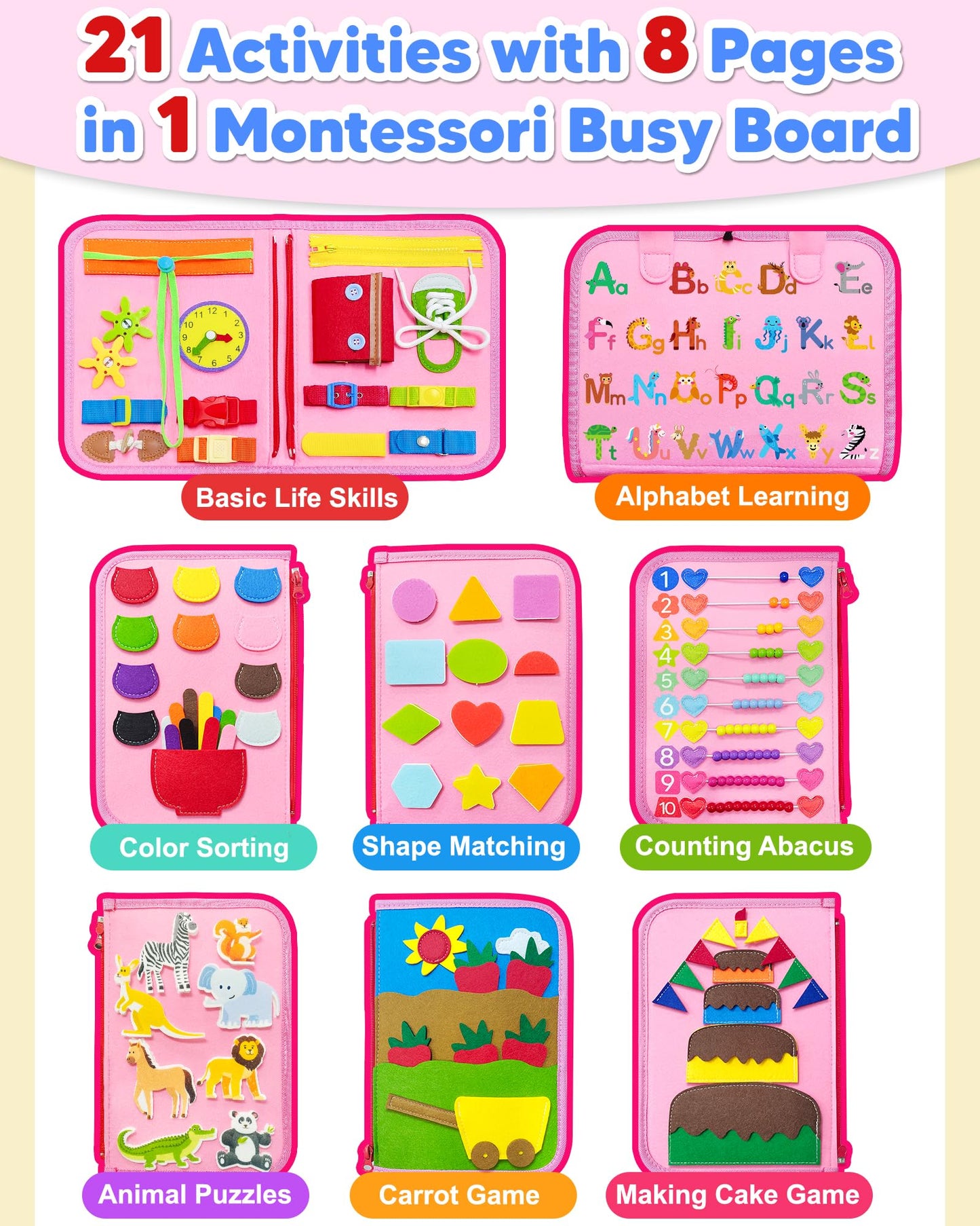 Exorany Busy Board Montessori Toys for 1 2 3 4 Year Old Girl Birthday Gifts, Toddler Girl Toys Age 1-2, 2-4, Busy Book Sensory T