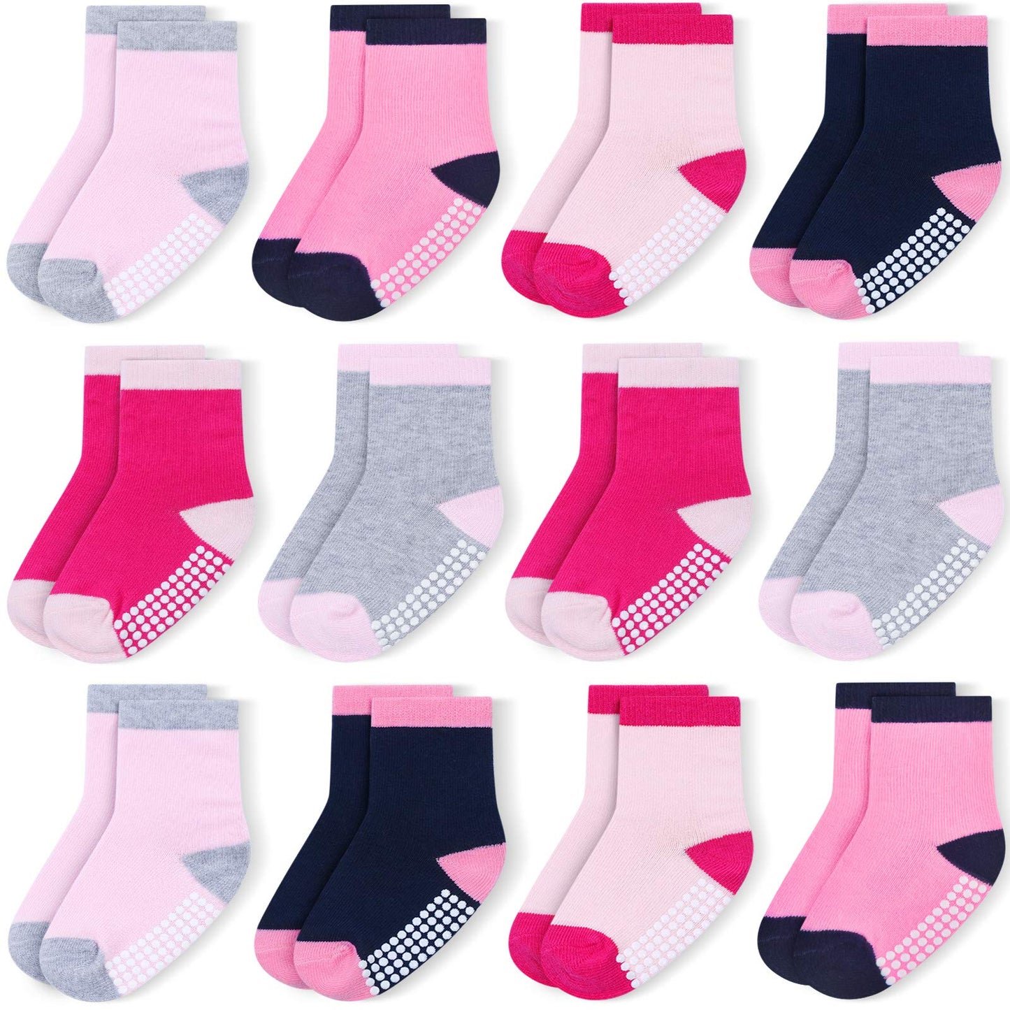 Jakidar 12 Pairs Baby Socks Cotton Crew Toddler Socks Grips Non Slip Bottom Kids Socks, Pink 6-12M