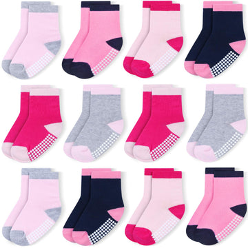 Jakidar 12 Pairs Baby Socks Cotton Crew Toddler Socks Grips Non Slip Bottom Kids Socks, Pink 12-24M