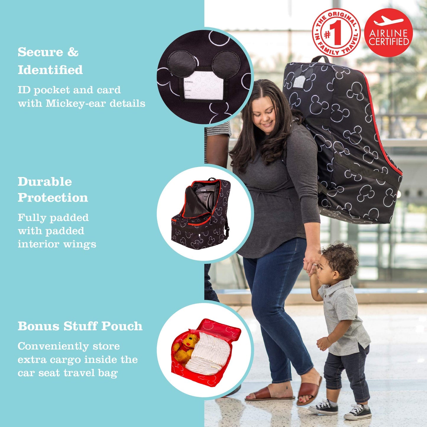 J.L. Childress Disney Baby Ultimate Premium Backpack Padded Car Seat Travel Bag - Car Seat Gate Check Bag - Fits All Car Seats &