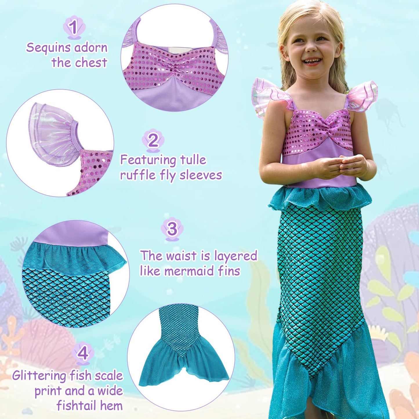 Eledobby Ariel Dress For Girls Little Mermaid Costume Princess Dress Up Halloween Birthday Outfits With Accessories Size 5-6 Yea
